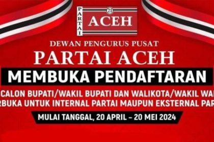 Partai Aceh membuka pendaftaran calon bupati dan wali kota mulai 20 April hingga 20 Mei 2024