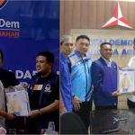 Ahmad Haeqal Asri beserta tim pemenangan saat mendaftar Bakal Calon Wali Kota Banda Aceh ke Kantor DPC Partai Demokrat dan Partai NasDem Banda Aceh pada Selasa, (7/5/2024). (Foto: Dok. Pribadi)