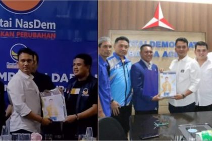 Ahmad Haeqal Asri beserta tim pemenangan saat mendaftar Bakal Calon Wali Kota Banda Aceh ke Kantor DPC Partai Demokrat dan Partai NasDem Banda Aceh pada Selasa, (7/5/2024). (Foto: Dok. Pribadi)