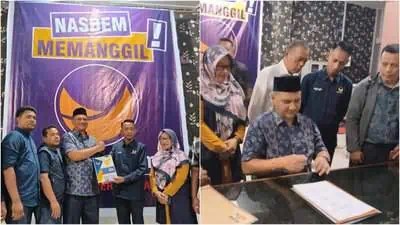 Brigjen Pol Armia Fahmi saat mendaftar sebagai bakal calon Bupati Aceh Tamiang ke Partai NasDem Aceh Tamiang, Selasa malam (7/5). (Foto: Dok. NasDem Aceh Tamiang)