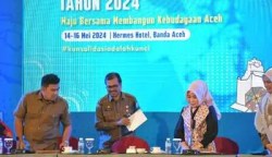 Pj Sekda Aceh Azwardi Abdullah membuka Rapat Konsorsium Pemajuan Kebudayaan Aceh 2024 di Hotel Hermes Palace Banda Aceh, Selasa, (14/5/2024). (Foto: For Info Aceh)
