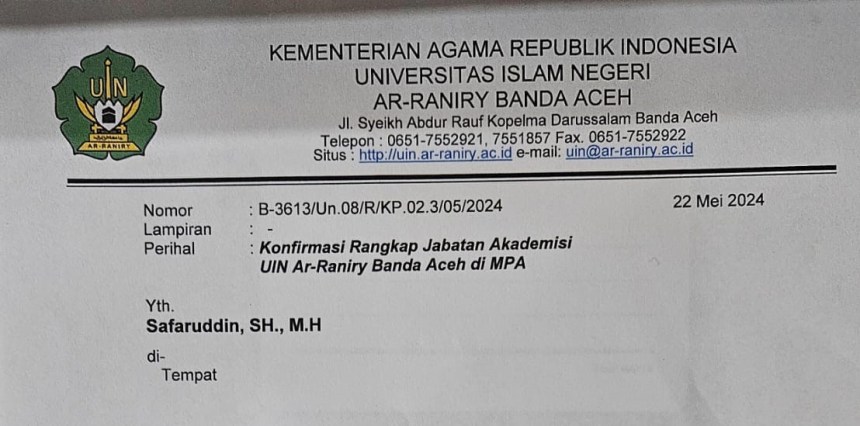 Surat Rektor UIN Ar-Raniry yang menyatakan dua akademisi UIN Ar-Raniry rangkap jabatan di MPA tanpa izin rektor. (Foto: Dok. Info Aceh)