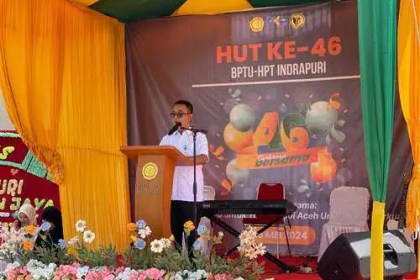 Kepala Dinas Peternakan Aceh Zalsufran, saat menyampaikan sambutan Gubernur Aceh, pada peringatan Hari Ulang Tahun ke-46 Balai Pembibitan Ternak Unggul dan Hijauan Pakan Ternak (BPTU-HPT) Indrapuri