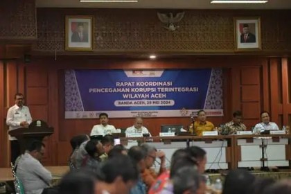 Rapat Koordinasi Pencegahan Korupsi Terintegrasi Wilayah Aceh dengan Sekda Kabupaten/Kota Se-Aceh di Gedung Serbaguna Setda Aceh, Kantor Gubernur Aceh, Rabu (29/5/2024). Foto: Istimewa