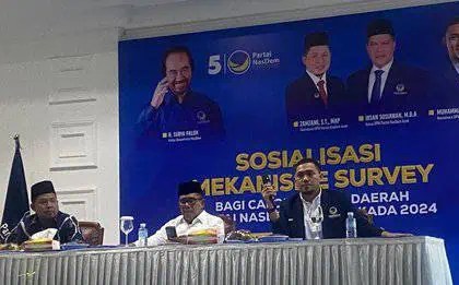 DPW Nasdem Aceh menggelar sosialisasi mekanisme survey kepada para bakal calon gubernur, bupati dan wali kota yang sudah mendaftar. Sosialisasi berlangsung di Kantor DPW Nasdem Aceh, Sabtu (1/6). Foto: Istimewa