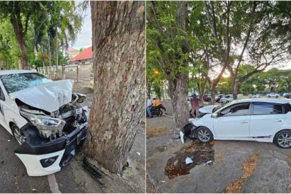Toyota Yaris menabrak batang pohon asam di bahu jalan Abdulllah Ujung Rimba Gampong Baro Kecamatan Baiturrahman Banda Aceh, atau kawasan Taman Sari Jum'at pagi (7/6). (Foto: Dok. Satlantas Polresta Banda Aceh)