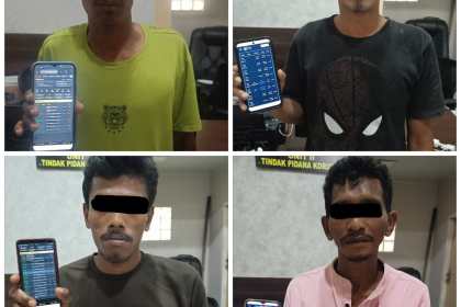 4 orang tersangka dari 7 pemain judi yang ditangkap Satreskrim Polresta Banda Aceh di sebuah warung kopi dalam salah satu gampong di kota Banda Aceh. (Foto: Dok. Polresta Banda Aceh)