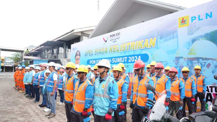 PLN UID Aceh menggelar apel siaga kelistrikan sebagai bagian persiapan menyukseskan PON XXI Aceh-Sumut 2024 di halaman kantor PLN UP3 Banda Aceh, Selasa (3/9). (Foto: For Infoaceh.net)