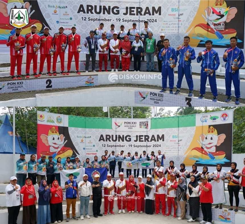 Penyerahan medali Cabor Arung Jeram PON XXI di Aceh Tenggara. Wartawan dillarang untuk mengambil gambar, Ahad, 15 September 2024. (Foto: Dok. Diskominfo Aceh Tenggara)