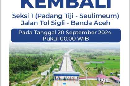 Jalan Tol Sigli Banda Aceh (Sibanceh) Seksi 1 (Padang Tiji-Seulimeum), kembali ditutup pada Jum'at (20/9). (Foto: For Infoaceh.net)