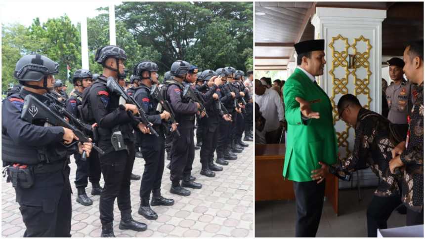 Rapat paripurna istimewa DPRA dengan agenda penyampaian visi misi dua pasangan calon gubernur/wakil gubernur Aceh mendapat pengawalan ketat aparat kepolisian, Rabu (25/9). Foto: For Infoaceh.net