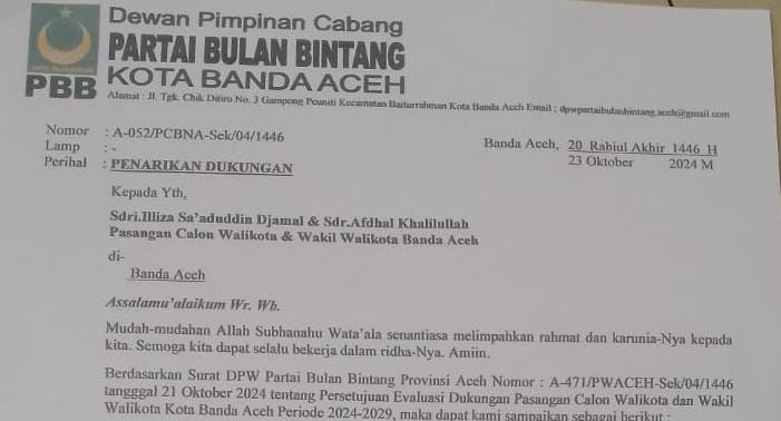 Surat DPC PBB Kota Banda Aceh yang mencabut dukungannya dari pasangan calon wali kota/wakil wali kota Banda Aceh nomor urut 01, Illiza Sa'adudin Djamal-Afdhal Khalilullah.