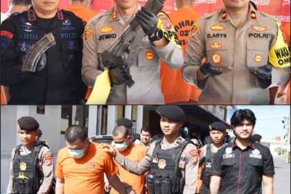 Kapolres Bireuen AKBP Jatmiko memperlihatkan senjata api AK-56 yang dipakai pelaku penganiayaan dan pengancaman yang ditangkap pada konferensi pers, Sabtu (26/10), di Gazebo Polres Bireuen. (Foto: Dok. Polres Bireuen)