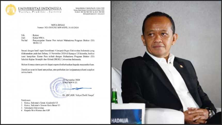 Universitas Indonesia (UI) menangguhkan kelulusan gelar doktor Menteri ESDM yang juga Ketua Umum DPP Partai Golkar Bahlil Lahadalia.