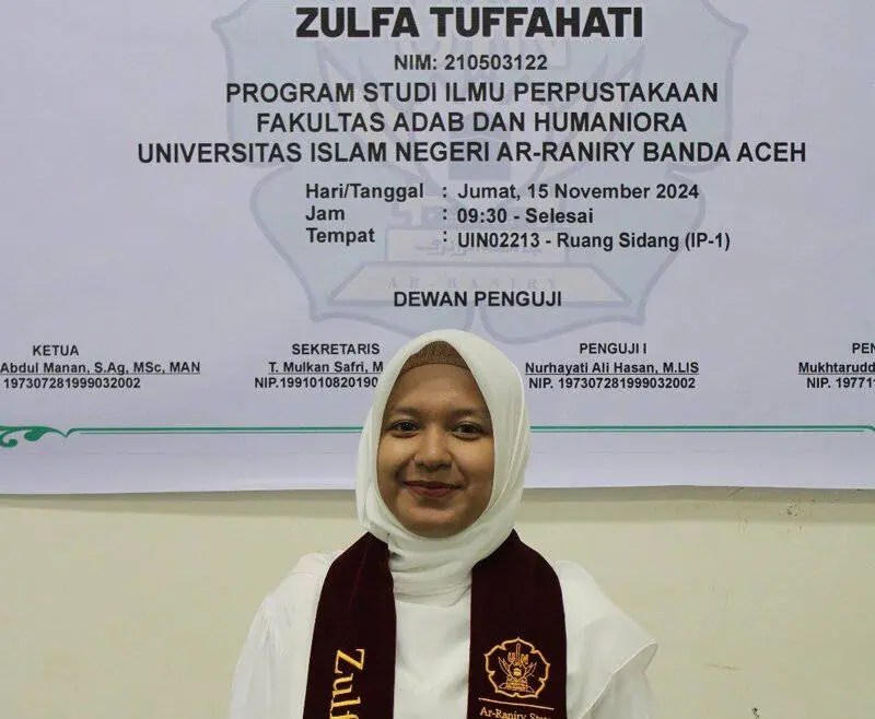 Zulfa Tuffahati, mahasiswa Prodi Ilmu Perpustakaan Fakultas Adab dan Humaniora UIN Ar-Raniry Banda Aceh, berhasil menyelesaikan studinya tanpa menulis skripsi. (Foto: For Infoaceh.net)