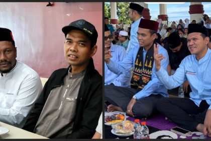 Dai kondang asal Riau Ustaz Abdul Somad bersama Cawagub Aceh 01 Syech Fadhil dan Cawagub Aceh 02 Dek Fad