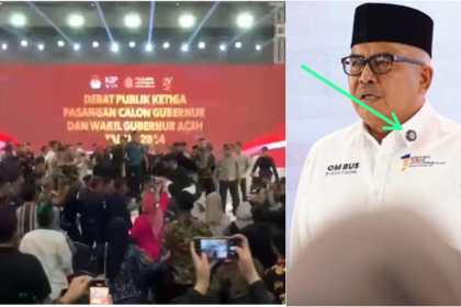 Alat bantu elektronik di kerah baju Bustami yang menjadi pemilu kericuhan debat publik ketiga pasangan calon Gubernur dan Wakil Gubernur Aceh pada Selasa malam (19/11). (Foto: Dok. Infoaceh.net)