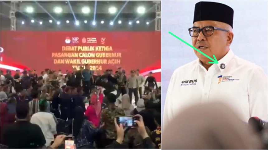 Alat bantu elektronik di kerah baju Bustami yang menjadi pemilu kericuhan debat publik ketiga pasangan calon Gubernur dan Wakil Gubernur Aceh pada Selasa malam (19/11). (Foto: Dok. Infoaceh.net)