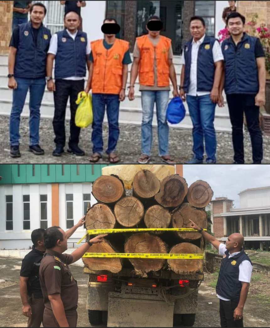 Penyidik Subdit Tipidter Ditreskrimsus Polda Aceh menyerahkan 2 tersangka kasus illegal logging berinisial MT (45) dan MY (37) ke Kejari Pidie Jaya, Kamis, 21 November 2024. (Foto: For Infoaceh.net)