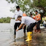 Pj Gubernur Aceh Safrizal ZA dan Pj Bupati Aceh Besar Muhammad Iswanto melepas ribuan bibit ikan kakap putih di Krueng Raba, Quarry Clay PT SBA, Lhoknga, Aceh Besar, Rabu (18/12). (Foto: For Infoaceh.net)
