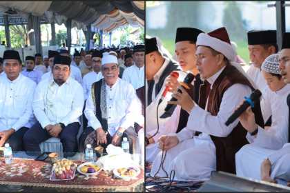 Pj Bupati Aceh Besar Muhammad Iswanto bersama, para ulama, dan masyarakat menghadiri zikir dan doa bersama peringatan 20 tahun tsunami di Kuburan Massal Siron, Kecamatan Ingin Jaya, Kamis pagi (26/12). (Foto Prokopim Aceh Besar)