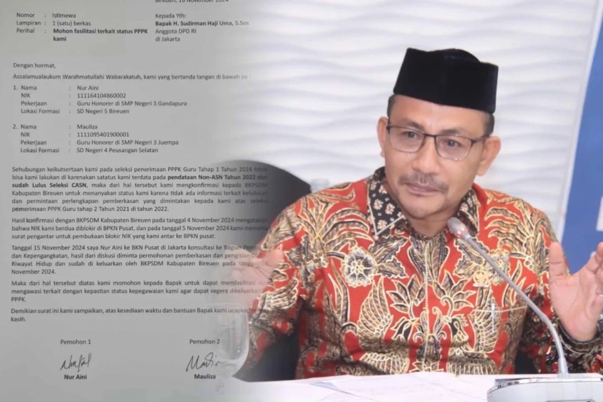 Anggota Komite I DPD RI asal Aceh H Sudirman atau Haji Uma menerima aspirasi dua guru honorer asal Bireuen, Sabtu (7/12)