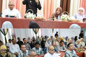 Bupati Aceh Besar Muharram Idris menyampaikan arahan dalam pertemuan dengan Kadis Kesehatan, Direktur RSUD, Kepala Puskesmas se-Aceh Besar di Gedung Dekranasda Aceh Besar, Gampong Gani, Kecamatan Ingin Jaya, Jum'at (9/5)