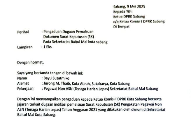 Bayu Suzatmiko, Pegawai Non ASN di Sekretariat Baitul Mal Kota Sabang melaporkan dugaan pemalsuan SK Pengangkatan Pegawai Non ASN