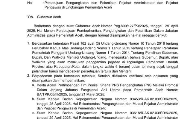 79 Pejabat Eselon III dan IV Pemerintah Aceh Disetujui Mendagri untuk Dilantik