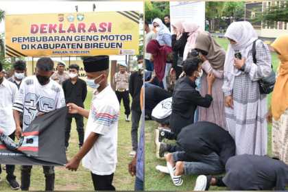Pembubaran geng motor Pasukan Jalan Sadis (PJS) dengan membakar bendera dan minta maaf ke orang tua dalam sebuah deklarasi yang berlangsung di lapangan Mapolres Bireuen, Kamis (15/5). (Foto: For Infoaceh.net)