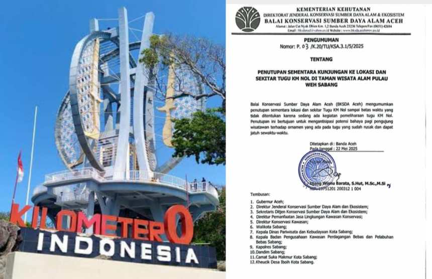 Tugu Kilometer Nol, ikon geografis yang menandai ujung barat Indonesia di Pulau Weh, Sabang, resmi ditutup sementara sejak 22 Mei 2024.