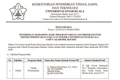 Universitas Syiah Kuala Banda Aceh resmi membuka penerimaan mahasiswa baru untuk Prodi Teknik Perminyakan di Fakultas Teknik pada Tahun Akademik 2025/2026. (Foto: Ist)