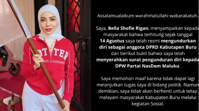 Bella Shofie Rigan, selebriti sekaligus anggota DPRD Kabupaten Buru dari Partai NasDem, saat mengunggah video pengunduran dirinya di media sosial, Ahad (31/8/2025). | INFOACEH.net Bella Shofie Rigan, selebriti sekaligus anggota DPRD Kabupaten Buru dari Partai NasDem, saat mengunggah video pengunduran dirinya di media sosial, Ahad (31/8/2025).