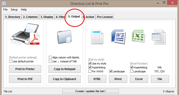 Choose the output format of your directory and folder listing