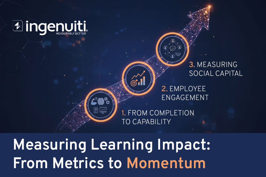 Abstract illustration contrasting old and new learning measurement. On the left, a broken lock representing "metrics" shows static charts and lightbulbs trapped inside, labeled "Old Way." On the right, a vibrant, flowing wave of energy representing "momentum" circles a glowing, connected global network, with upward arrows and a rocket indicating "capability" and "connection." A light beam connects the broken lock to the dynamic globe.