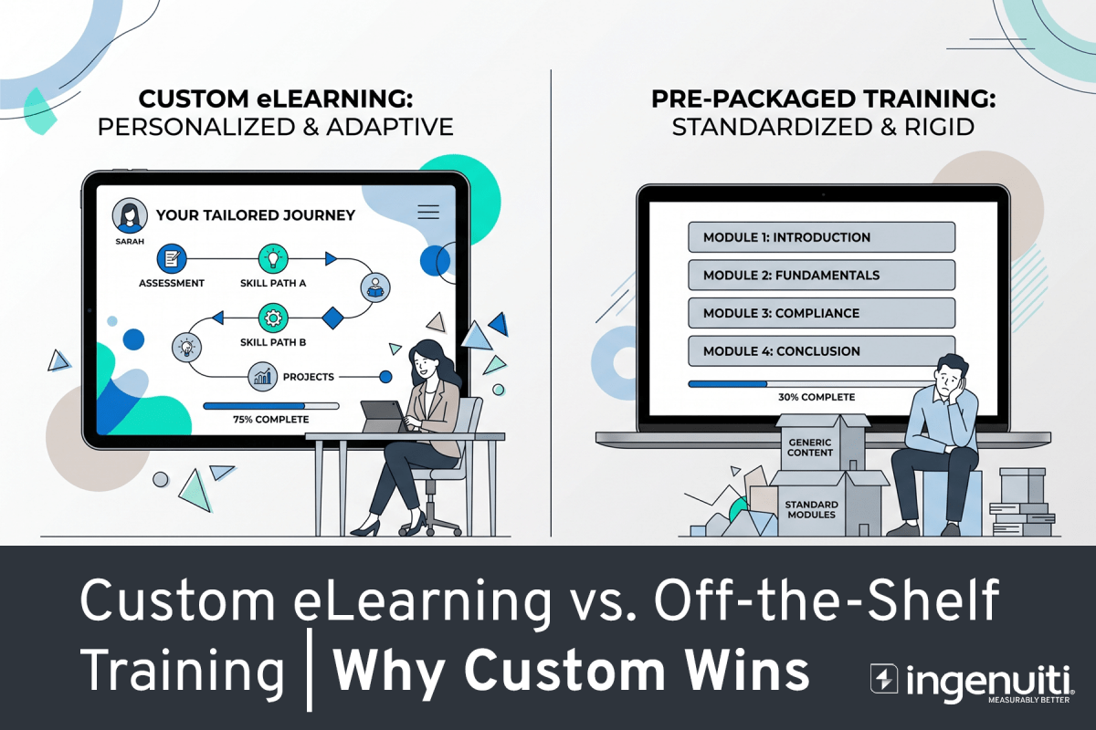 Diagram comparing personalized custom eLearning on a tablet with standardized pre-packaged training on a laptop.