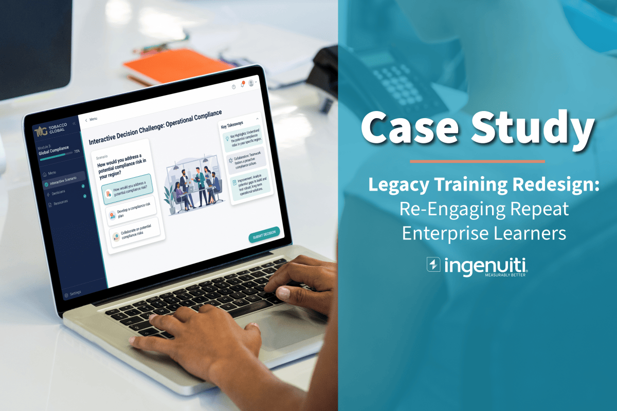 Ingenuiti case study graphic showing a custom corporate e-learning interface on a laptop screen