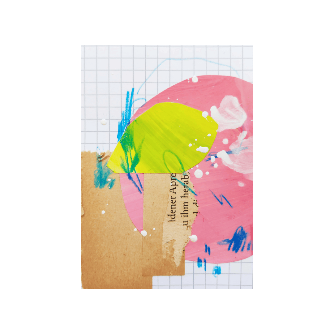Painted paper and vintage book paper and scribbles and drips on a grid background.