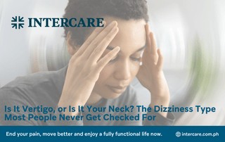 Woman holding her head with a spinning motion effect featuring Intercare logo and headline asking about neck-related dizziness