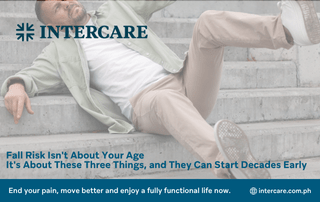 Man falling on outdoor stairs on an Intercare banner promoting pain relief, mobility, and fall risk prevention.