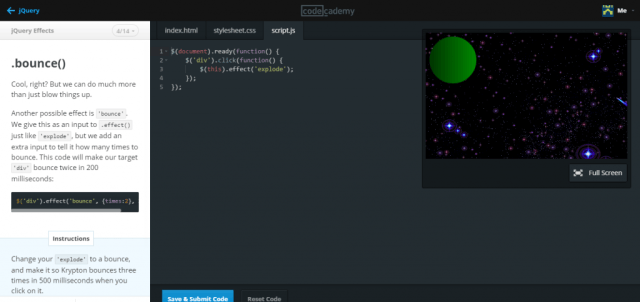 A codeacademy lesson in action