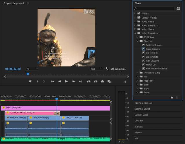 Applying a video transition to a graphics layer in Premiere Pro.