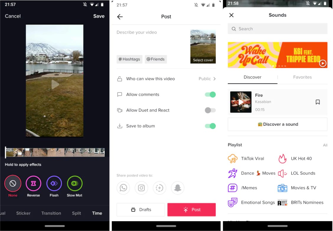 Screenshots of the process of making a TikTok video on the app