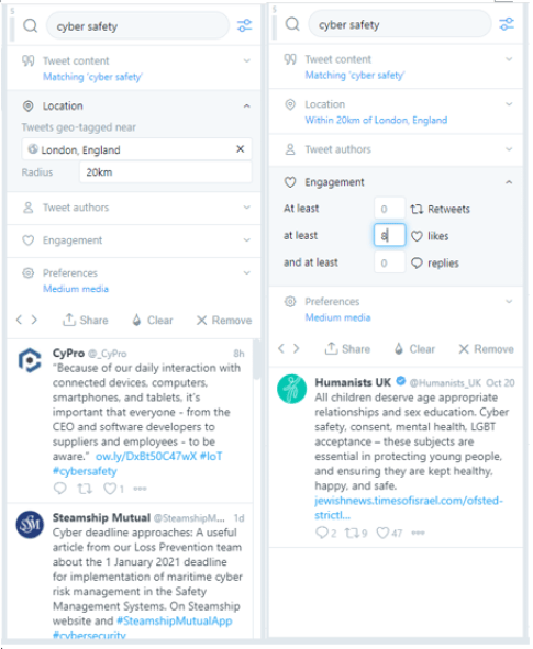 Side-by-side view guiding readers how they can specify their searches for a more focused view of the news.