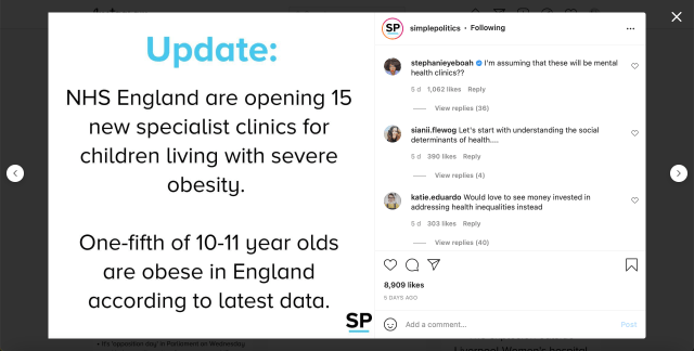 An example of a Simple Politics post on Instagram, with a short textual update.