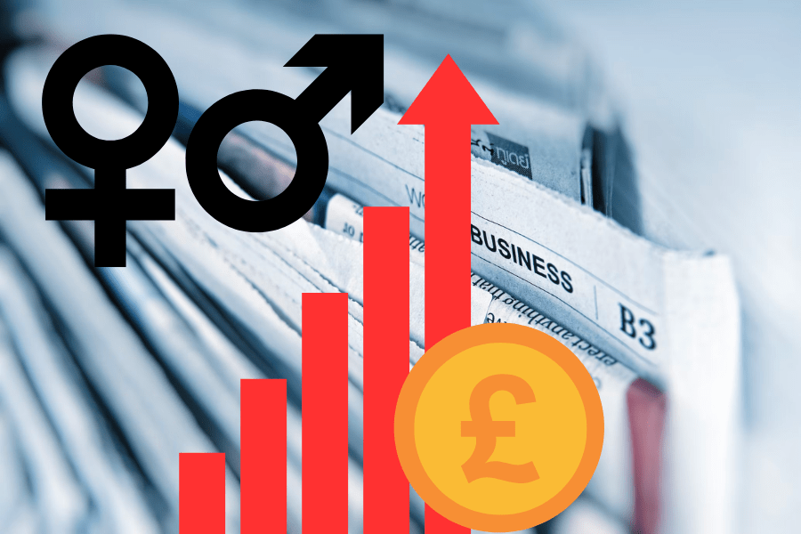 Graph of money going up with male and female graphics over a newspaper background