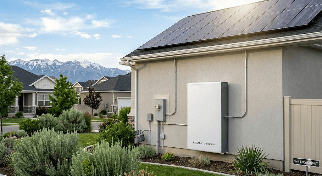 A sleek, white solar battery backup unit is mounted on the wall of a home with rooftop solar panels in Salt Lake City, Utah. The image captures the system during late afternoon with a backdrop of the Wasatch Mountains, illustrating how it protects homeowners from power rate volatility and increases energy savings.