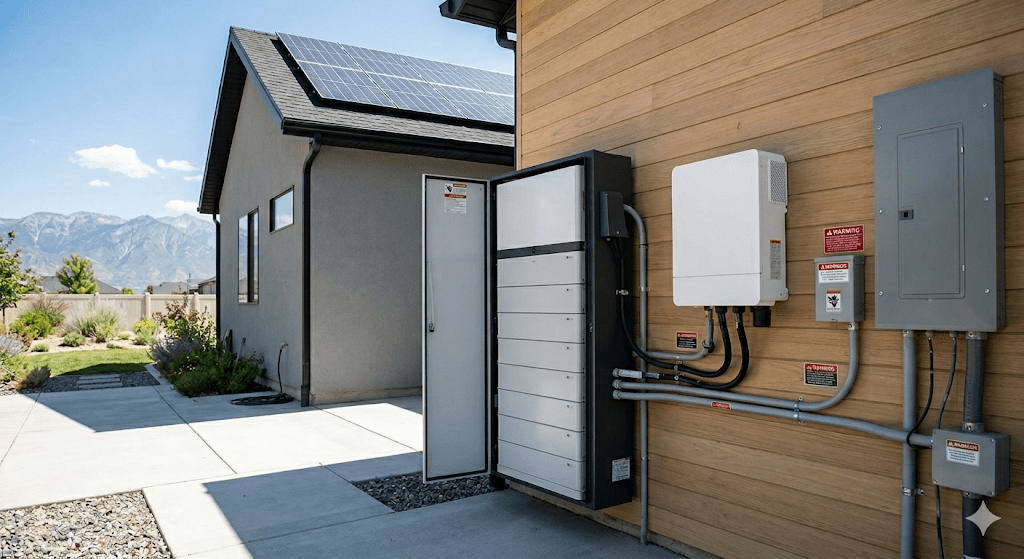 A professional outdoor installation of a home battery backup system, featuring a sleek stacked battery unit and inverter mounted to a contemporary wood-sided house. The neat setup includes appropriate safety labeling and sits adjacent to a garden pathway with a clear view of the Wasatch mountains under a sunny sky.