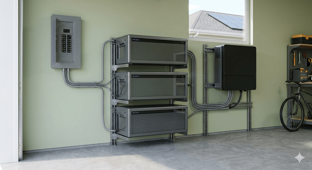 A daylight photograph shows a complete residential solar battery backup system, with three dark gray lithium-ion battery modules stacked vertically on a rack in a tidy mechanical room. Integrated with a larger solar inverter and a standard circuit breaker panel, the unbranded system captures and stores clean energy for use during power outages.