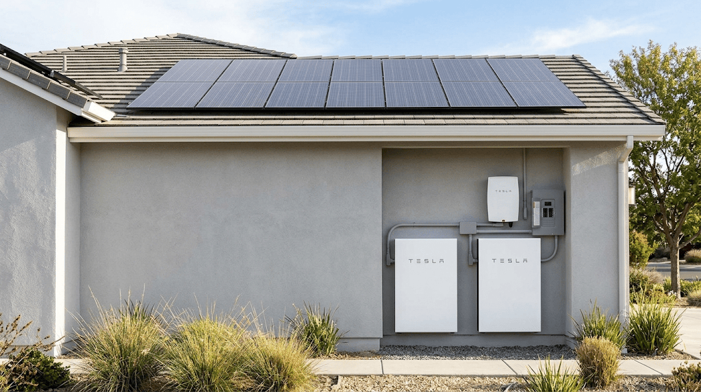 A photograph of two white, rectangular Tesla Powerwall battery units mounted on the light grey stucco exterior wall of a modern, energy-efficient home, integrated with conduit and adjacent to an electrical panel. Above the battery installation, a multi-panel residential solar energy system is visible on the pitched, tiled roof under a bright, clear sky.
